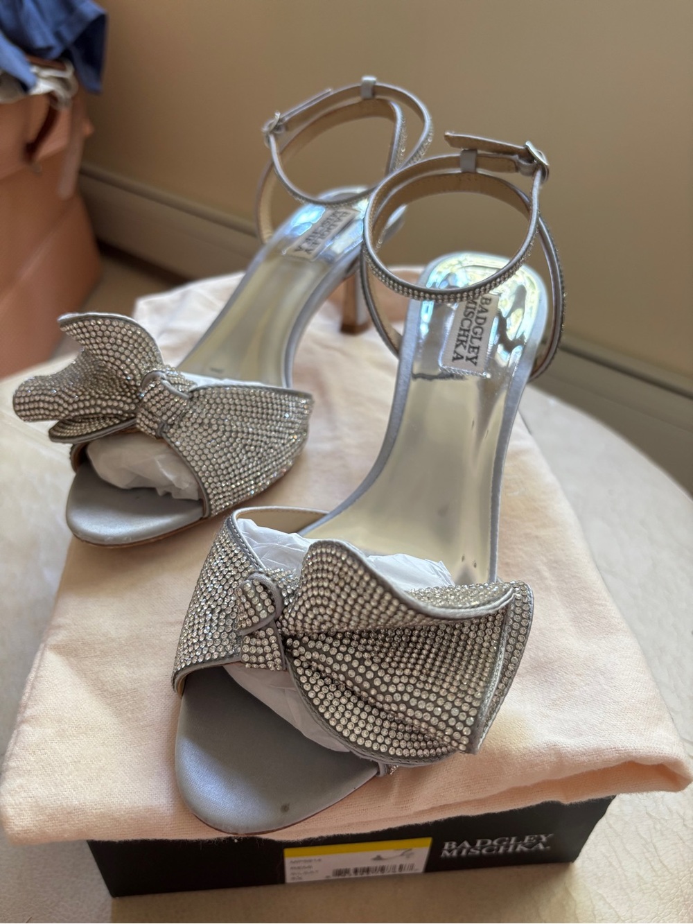 Badgley Mischka Silver Crystal Bow Ankle-Strap Heels